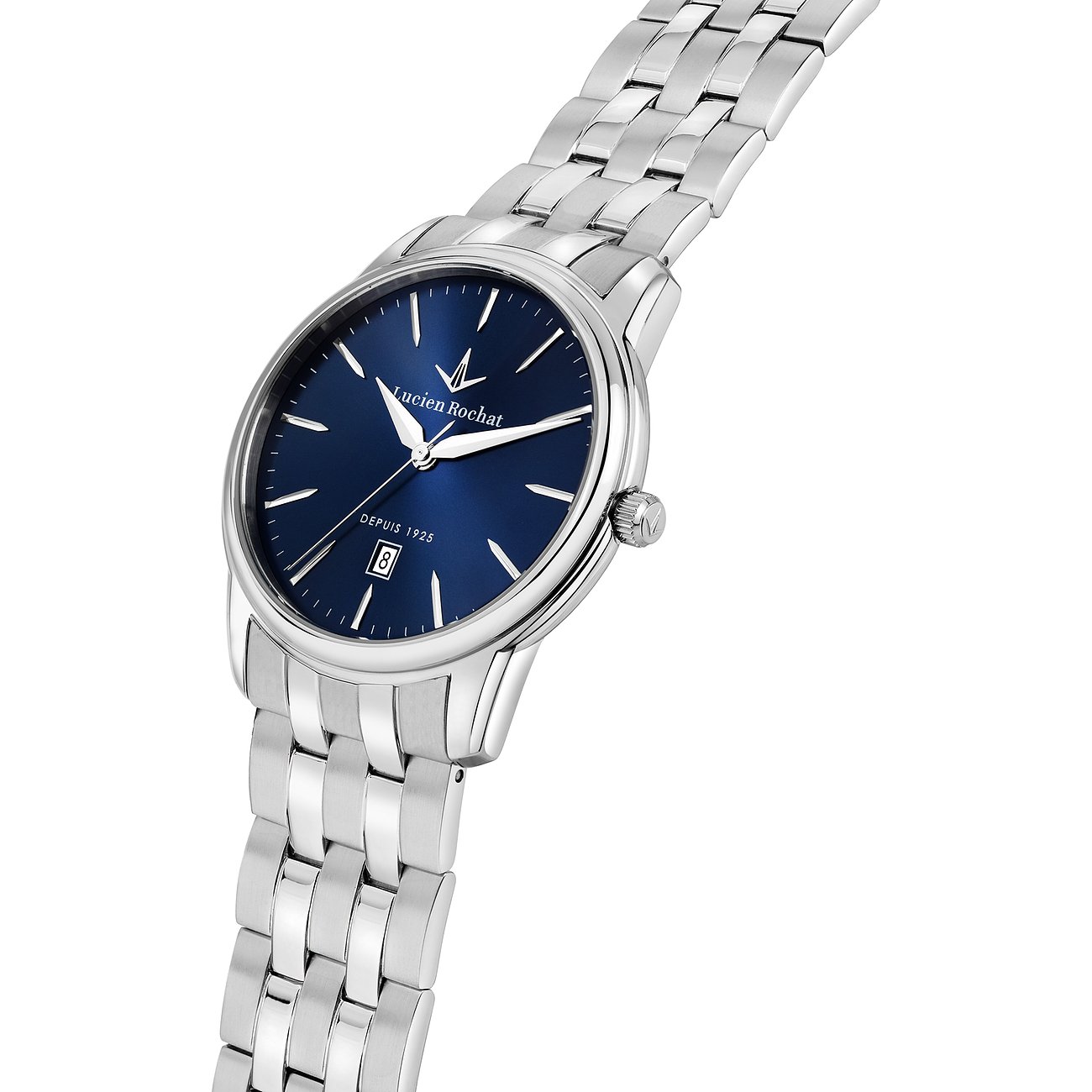 Montre homme Lucien Rochat en acier inoxydable bleu et argent, cadran rond et bracelet à maillons argenté.
