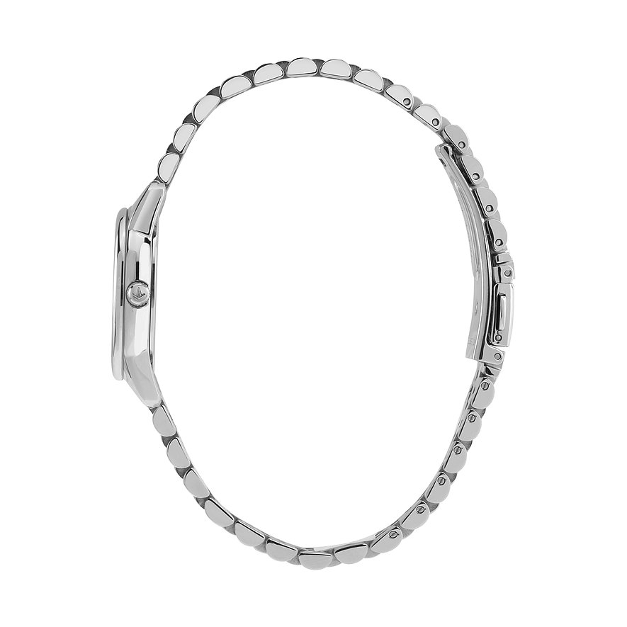 Vista laterale dell'orologio da donna Lucien Rochat in acciaio inossidabile e diamanti, con bracciale a maglie chiuso.
