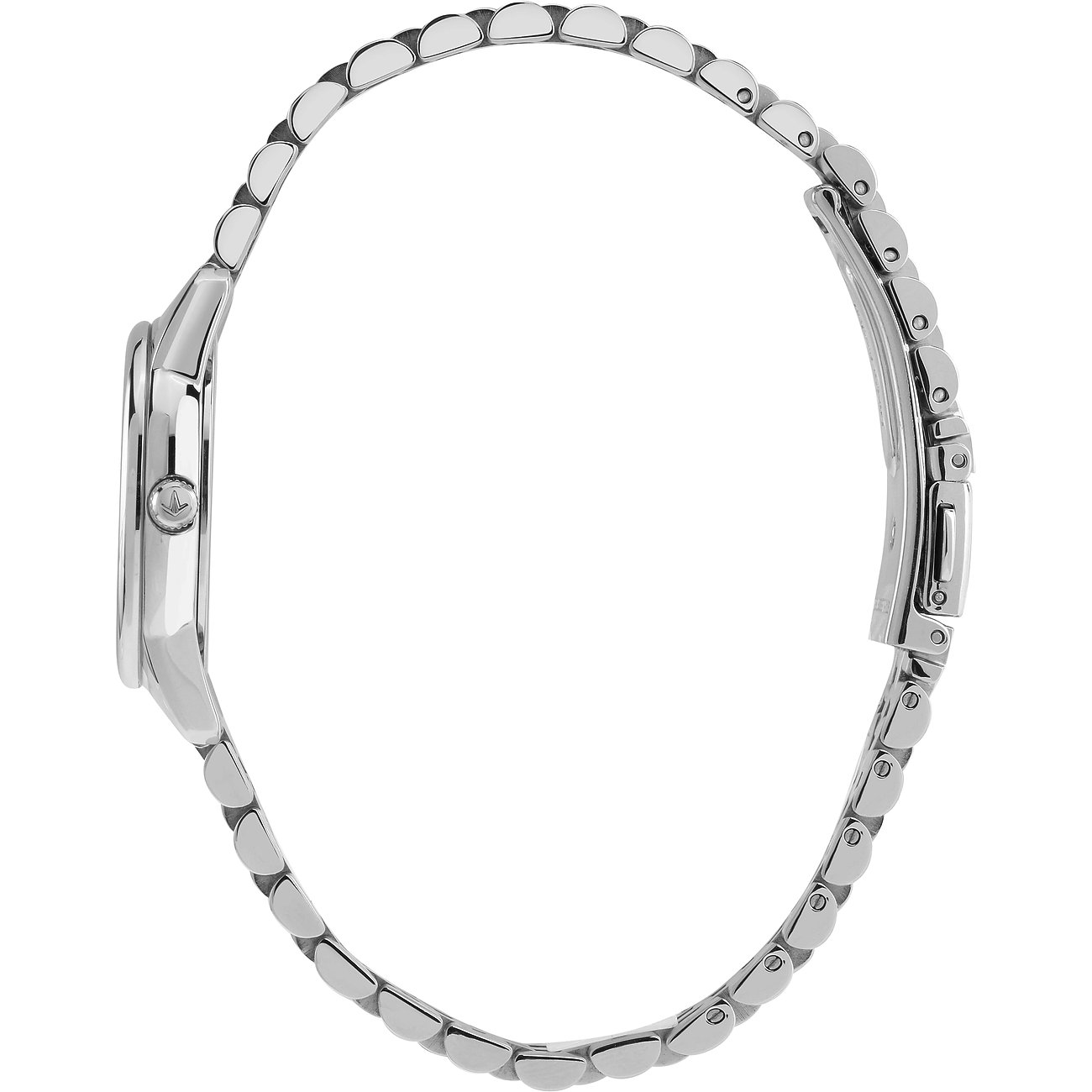 Vista laterale dell'orologio da donna Lucien Rochat in acciaio inossidabile e diamanti, con bracciale a maglie chiuso.