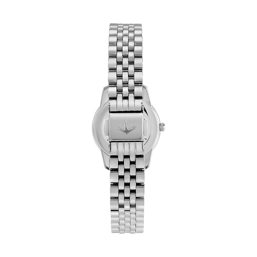 Vista posteriore dell'orologio da donna Lucien Rochat in acciaio inossidabile con diamanti. Il cinturino è chiuso.