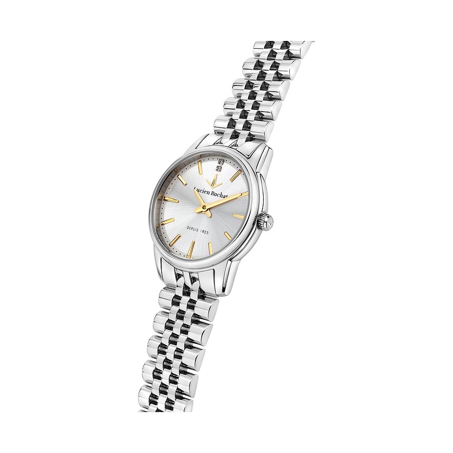 Orologio da donna Lucien Rochat in acciaio inossidabile con diamante, quadrante argentato e accenti dorati, da obliquo.