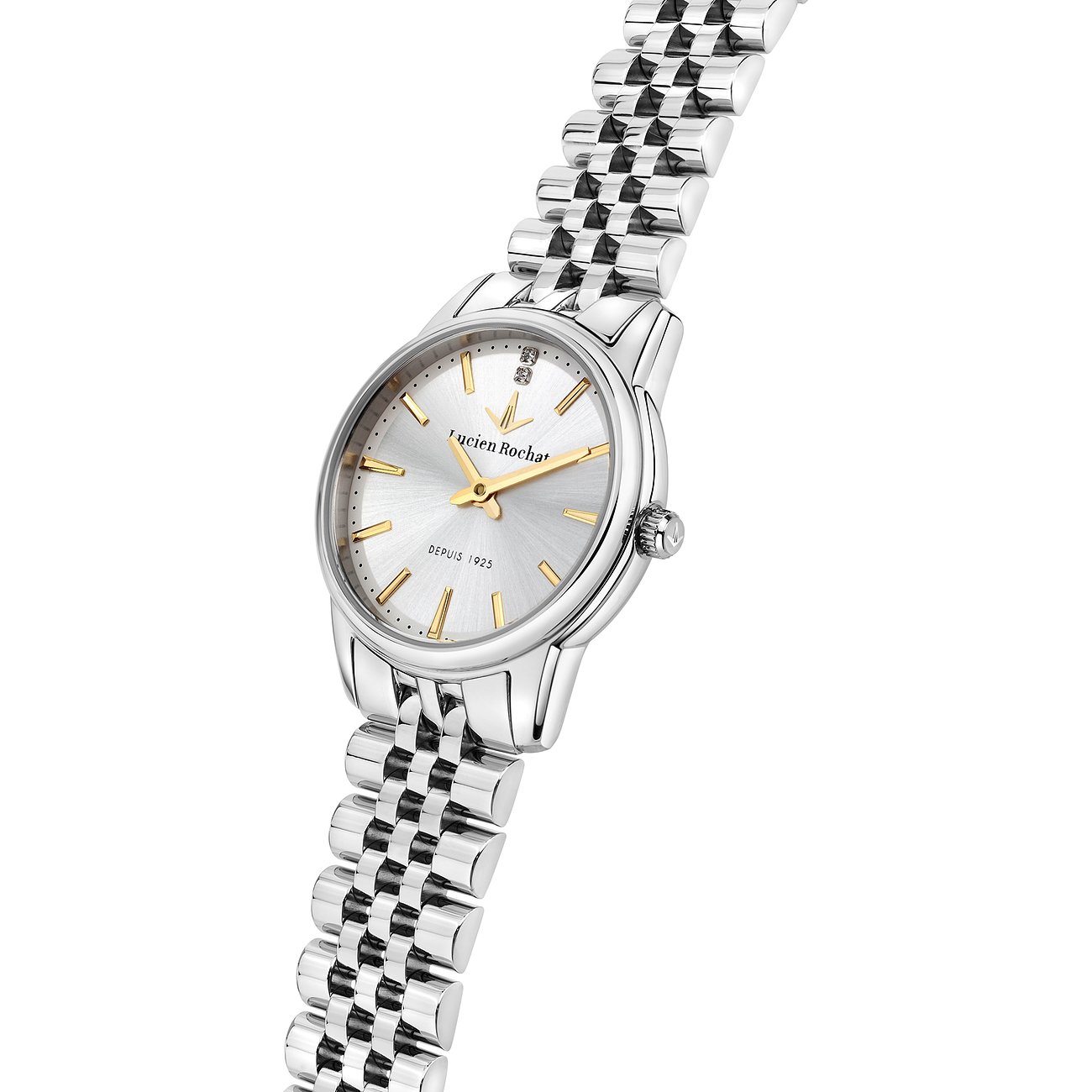 Orologio da donna Lucien Rochat in acciaio inossidabile con diamante, quadrante argentato e accenti dorati, da obliquo.