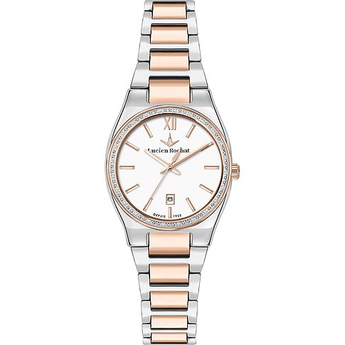 Lucien Rochat Damenuhr mit Edelstahlgehäuse, bicolor, mit Steinen besetzter Lünette.