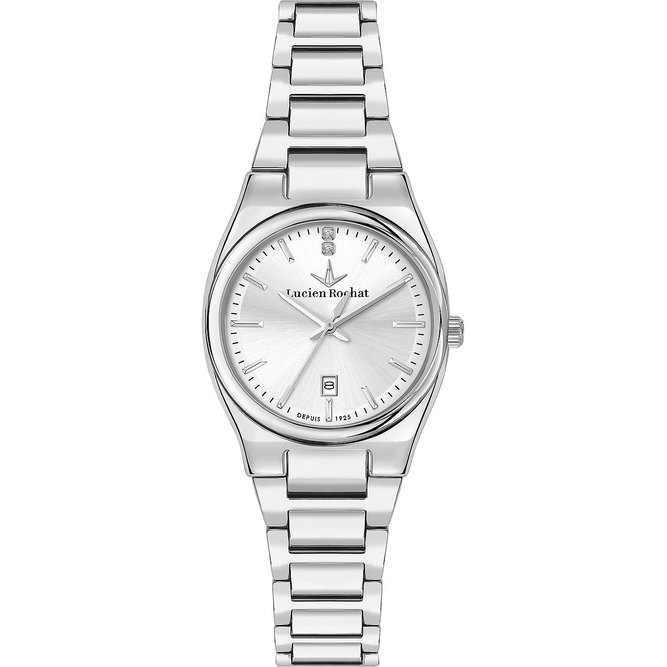 Lucien Rochat Damenuhr aus Edelstahl mit Diamanten, analog, silberfarben.