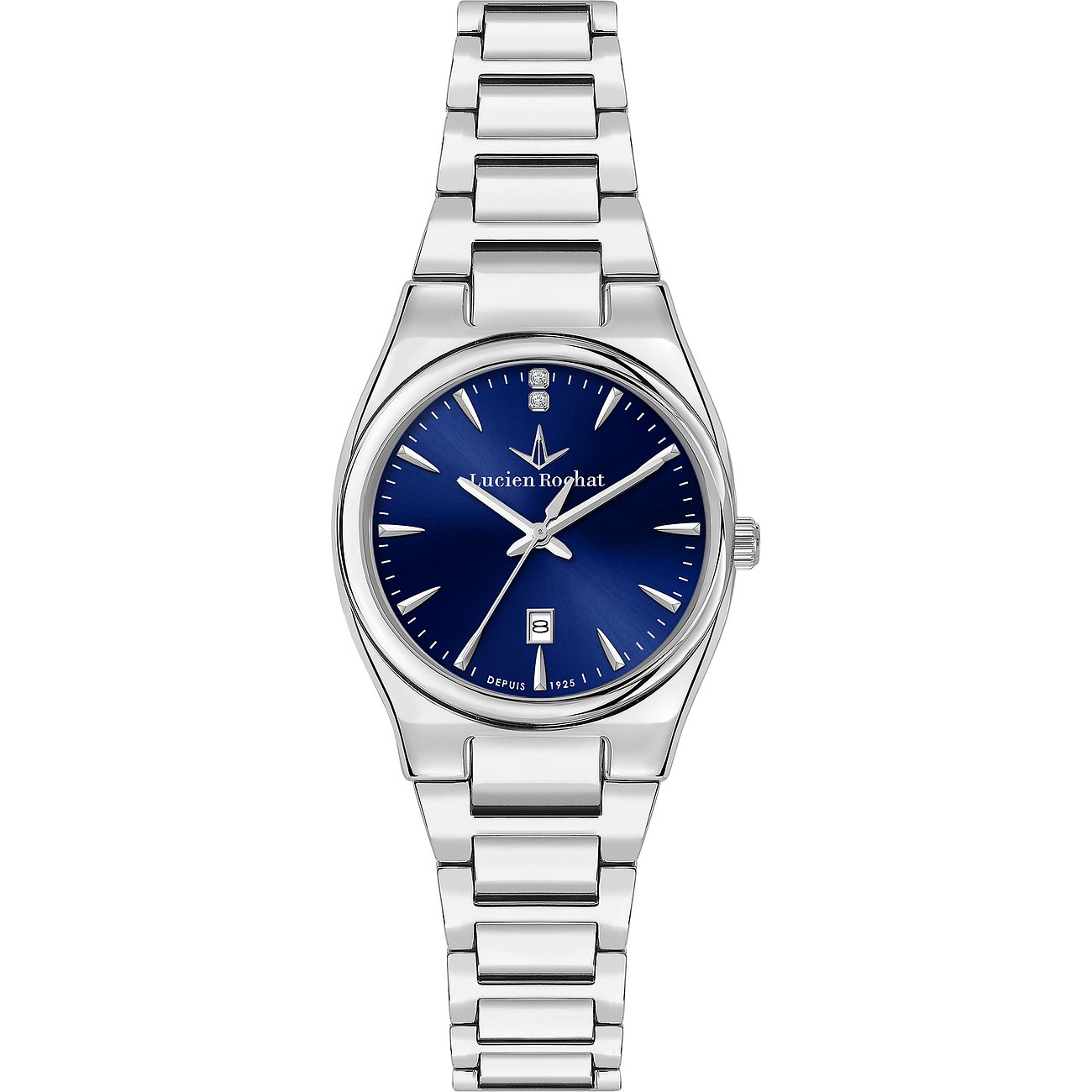 Montre Lucien Rochat pour femme en acier inoxydable avec cadran bleu et deux diamants.