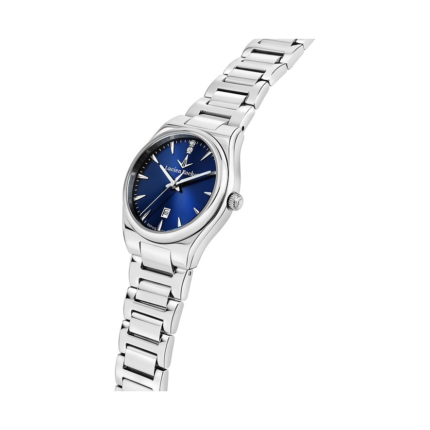 Montre pour femme Lucien Rochat avec boîtier en acier inoxydable, cadran bleu et diamant.