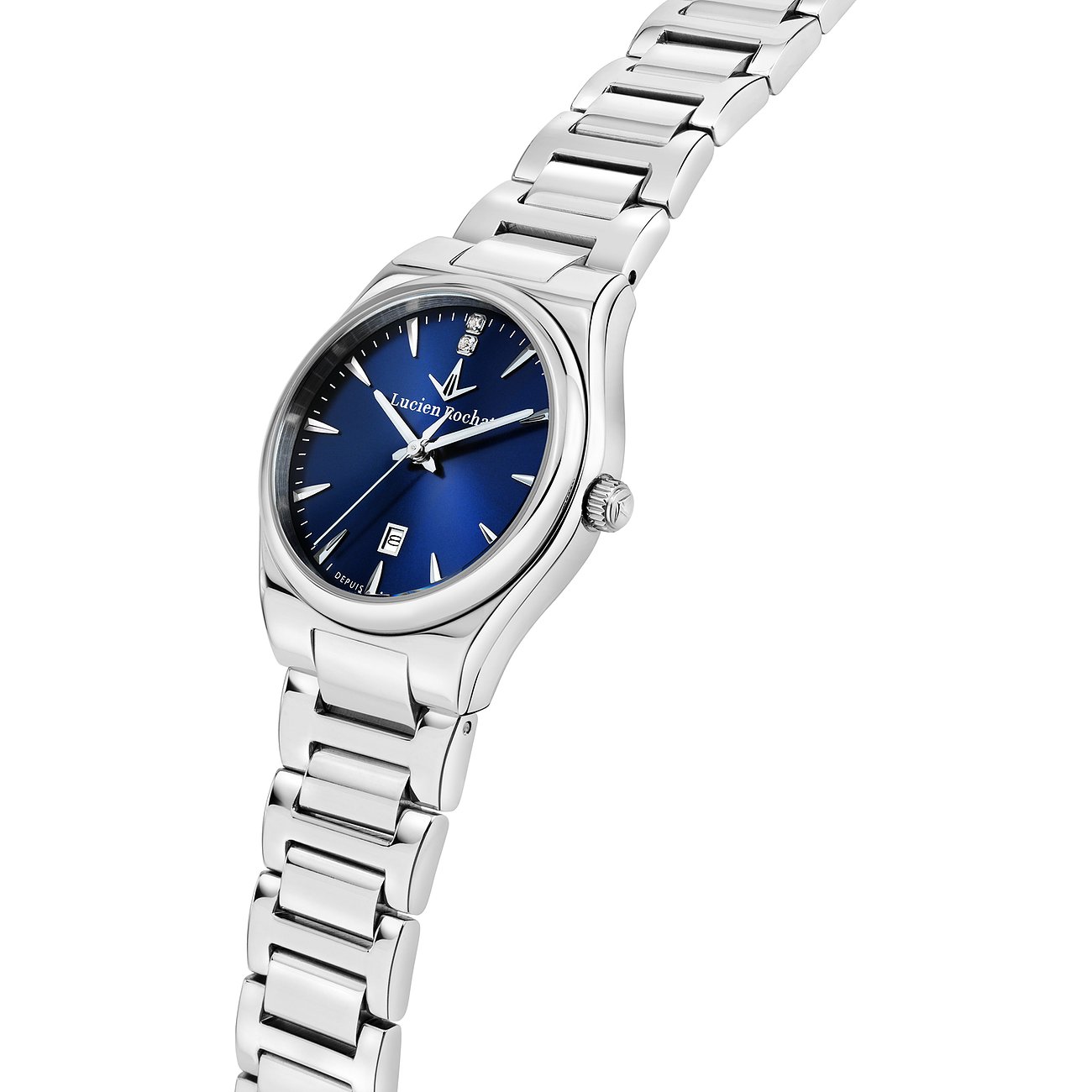 Montre pour femme Lucien Rochat avec boîtier en acier inoxydable, cadran bleu et diamant.