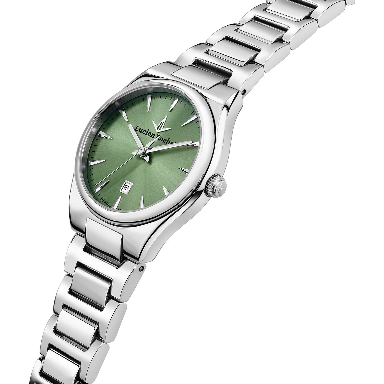 Lucien Rochat Damenuhr aus Edelstahl mit grünem Zifferblatt und silberfarbenem Armband.