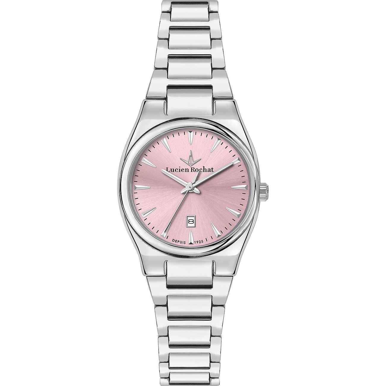 Lucien Rochat damklocka med boett i rostfritt stål och rosa urtavla.