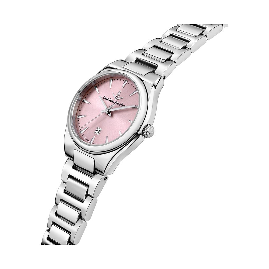 Lucien Rochat damklocka med boett i rostfritt stål och rosa urtavla.