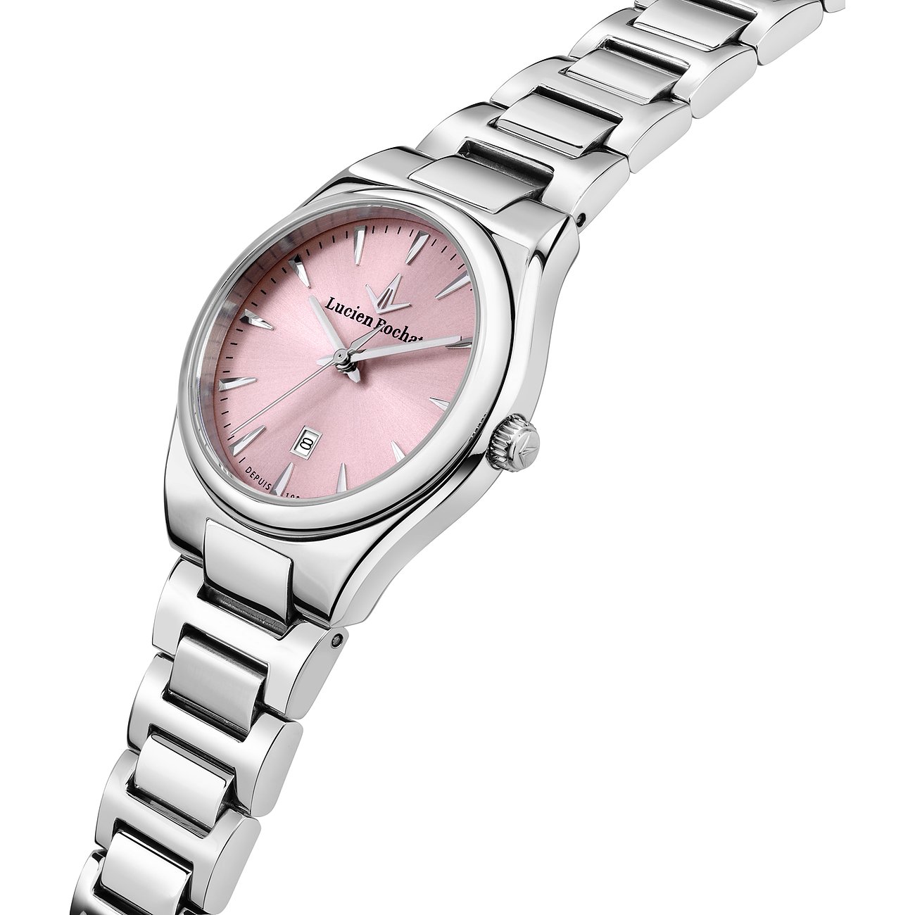 Lucien Rochat damklocka med boett i rostfritt stål och rosa urtavla.