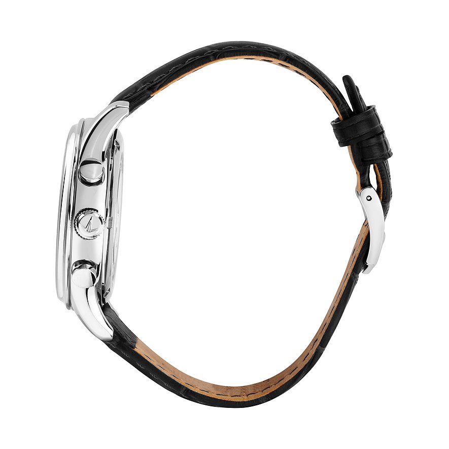 Lucien Rochat Herrenuhr mit Edelstahlgehäuse und schwarzem Lederarmband.