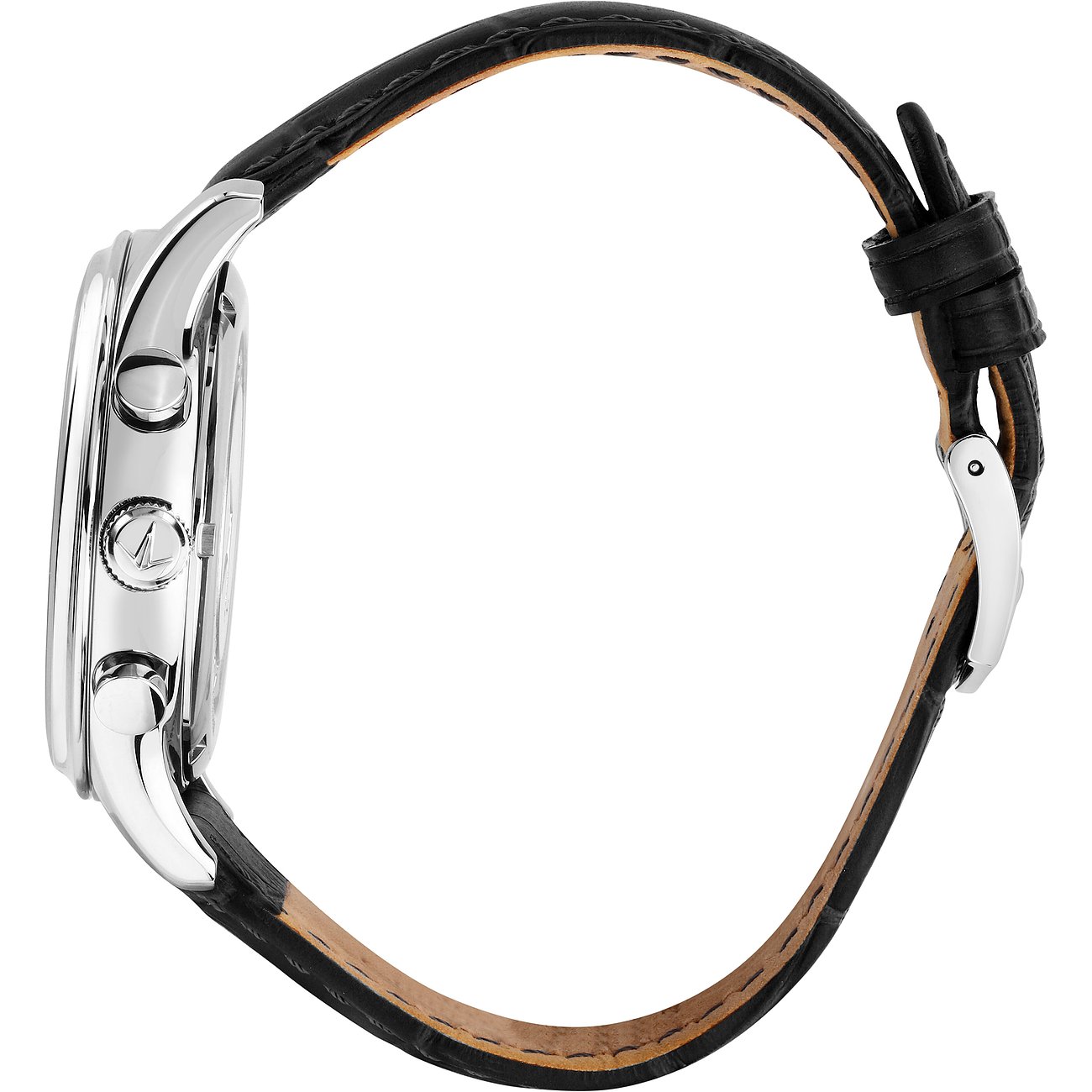 Lucien Rochat Herrenuhr mit Edelstahlgehäuse und schwarzem Lederarmband.