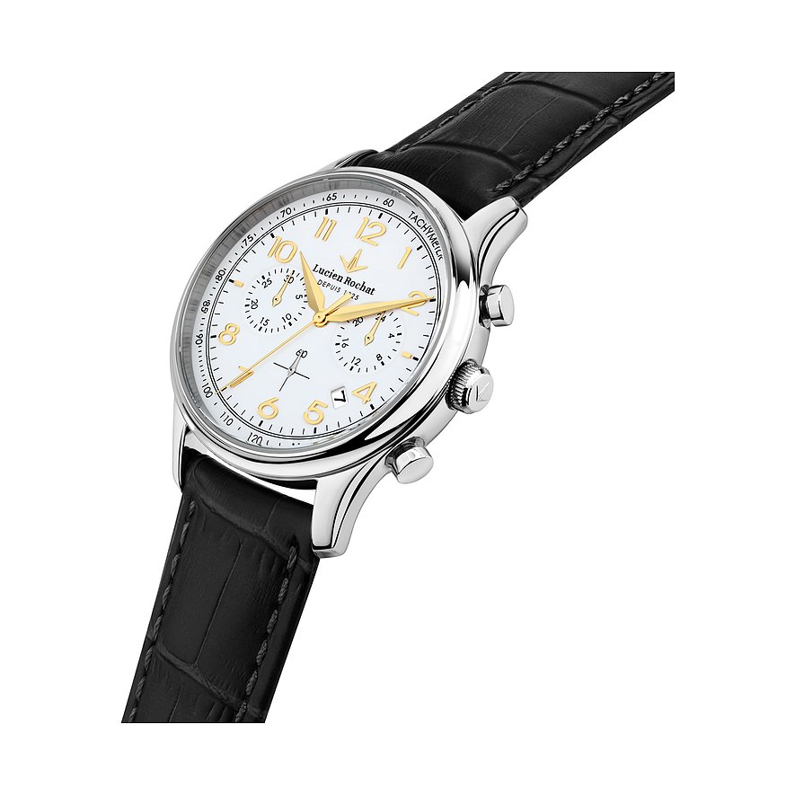 Lucien Rochat Herrenuhr mit Edelstahlgehäuse, weißem Zifferblatt und goldenen Ziffern.