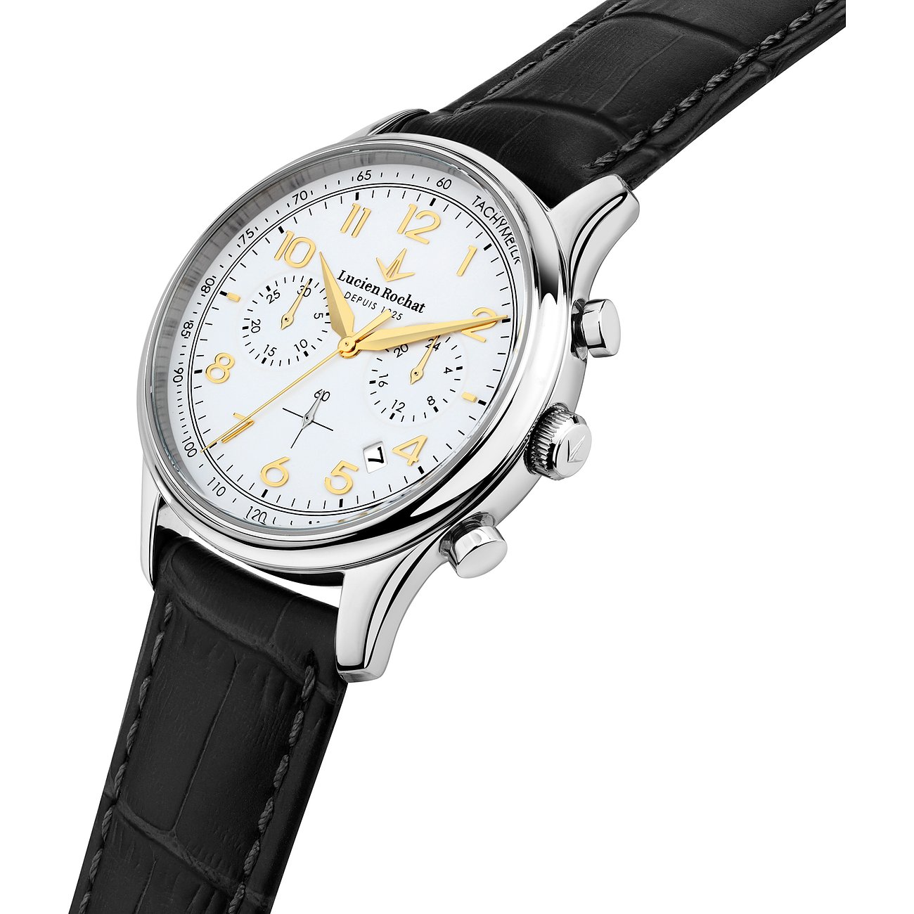 Lucien Rochat Herrenuhr mit Edelstahlgehäuse, weißem Zifferblatt und goldenen Ziffern.
