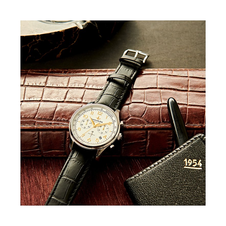 Lucien Rochat Herrenuhr mit Edelstahlgehäuse, weißem Zifferblatt und Chronograph.