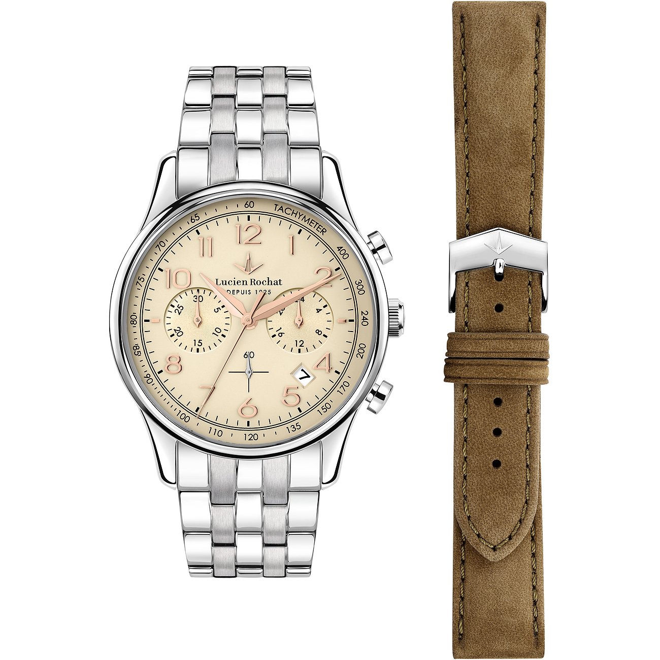 Lucien Rochat Chronograph mit Edelstahlgehäuse und hellem Zifferblatt.