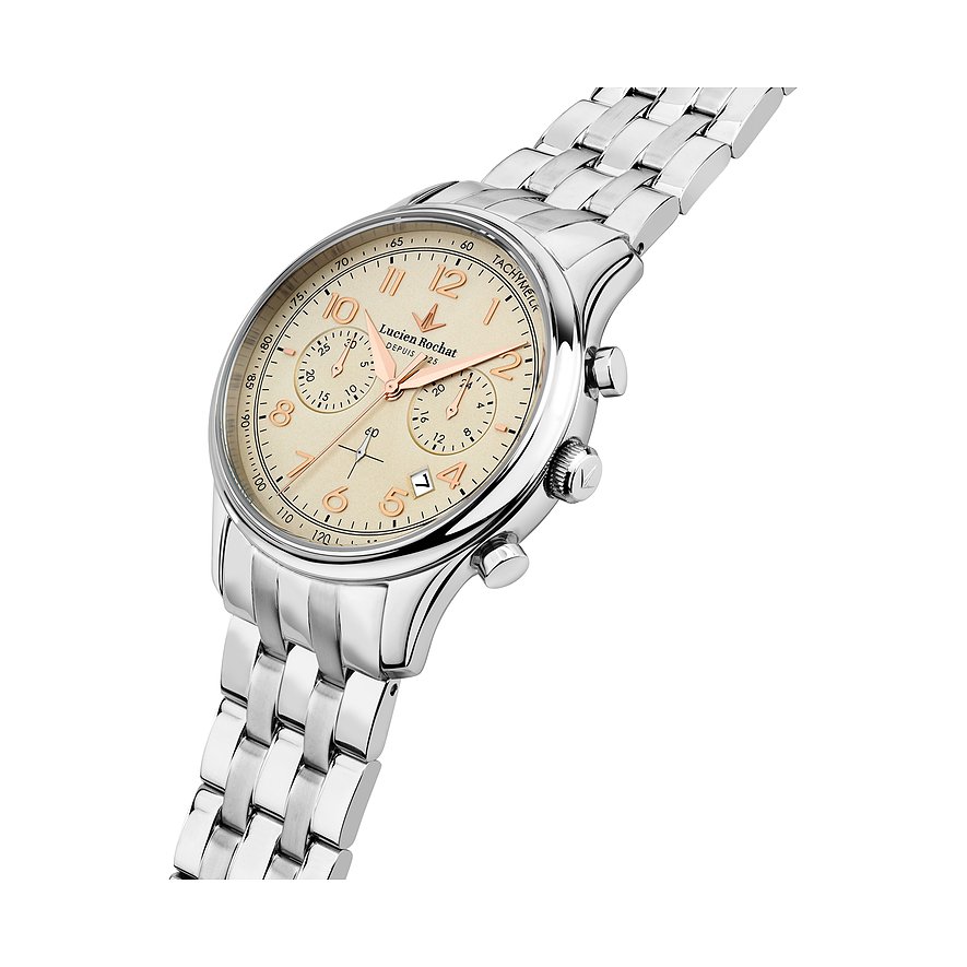 Lucien Rochat Damenuhr mit Edelstahlgehäuse, analog, mit roséfarbenen Zeigern.