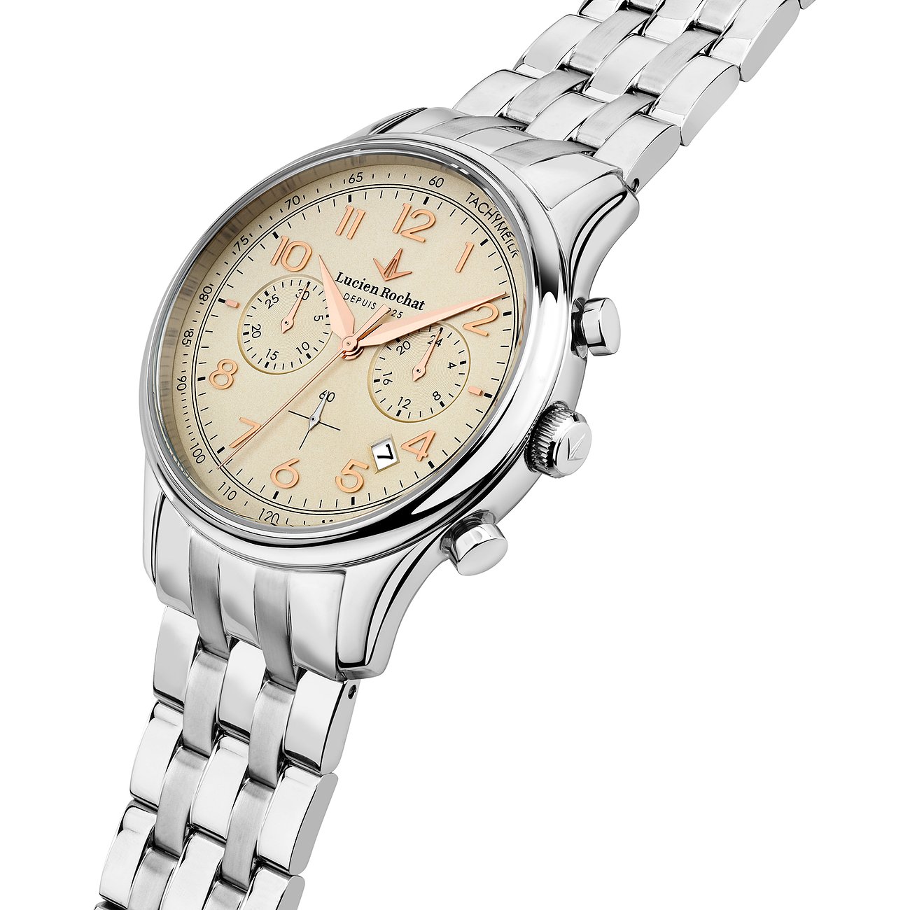 Lucien Rochat Damenuhr mit Edelstahlgehäuse, analog, mit roséfarbenen Zeigern.