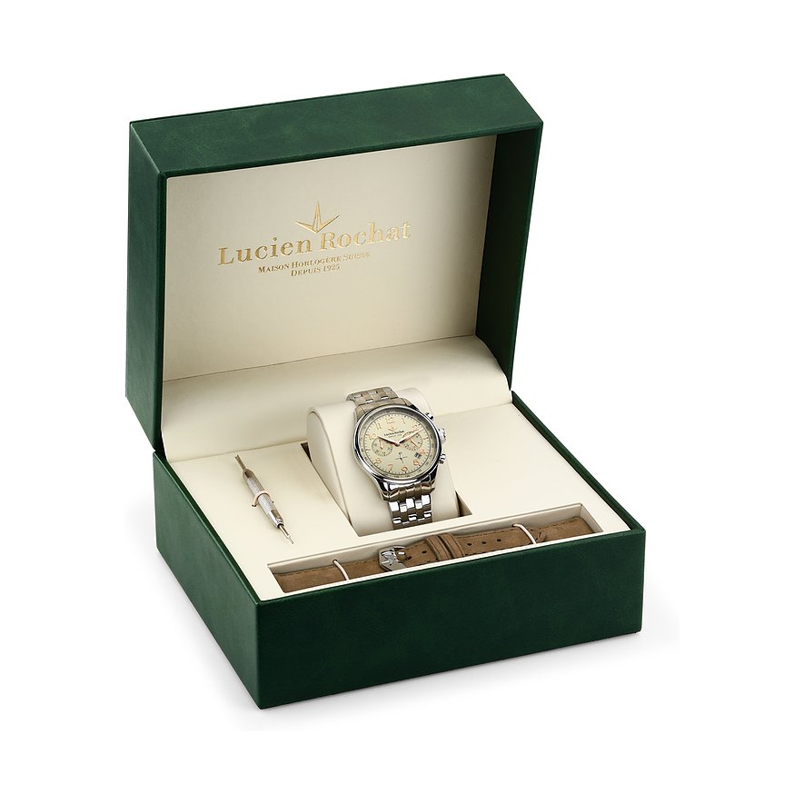 Lucien Rochat Chronograph mit Edelstahlgehäuse und cremefarbenem Zifferblatt.