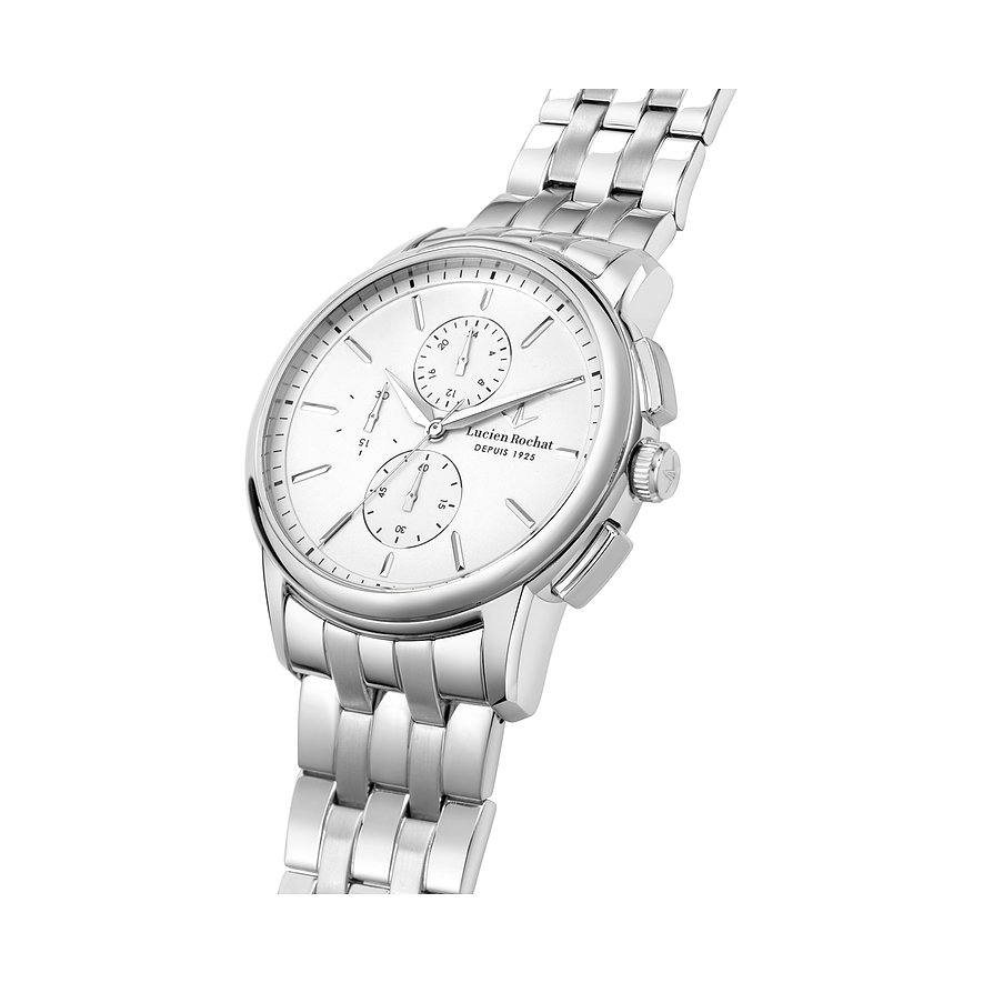 Lucien Rochat Herrenuhr mit Edelstahlgehäuse und silberfarbenem Zifferblatt.