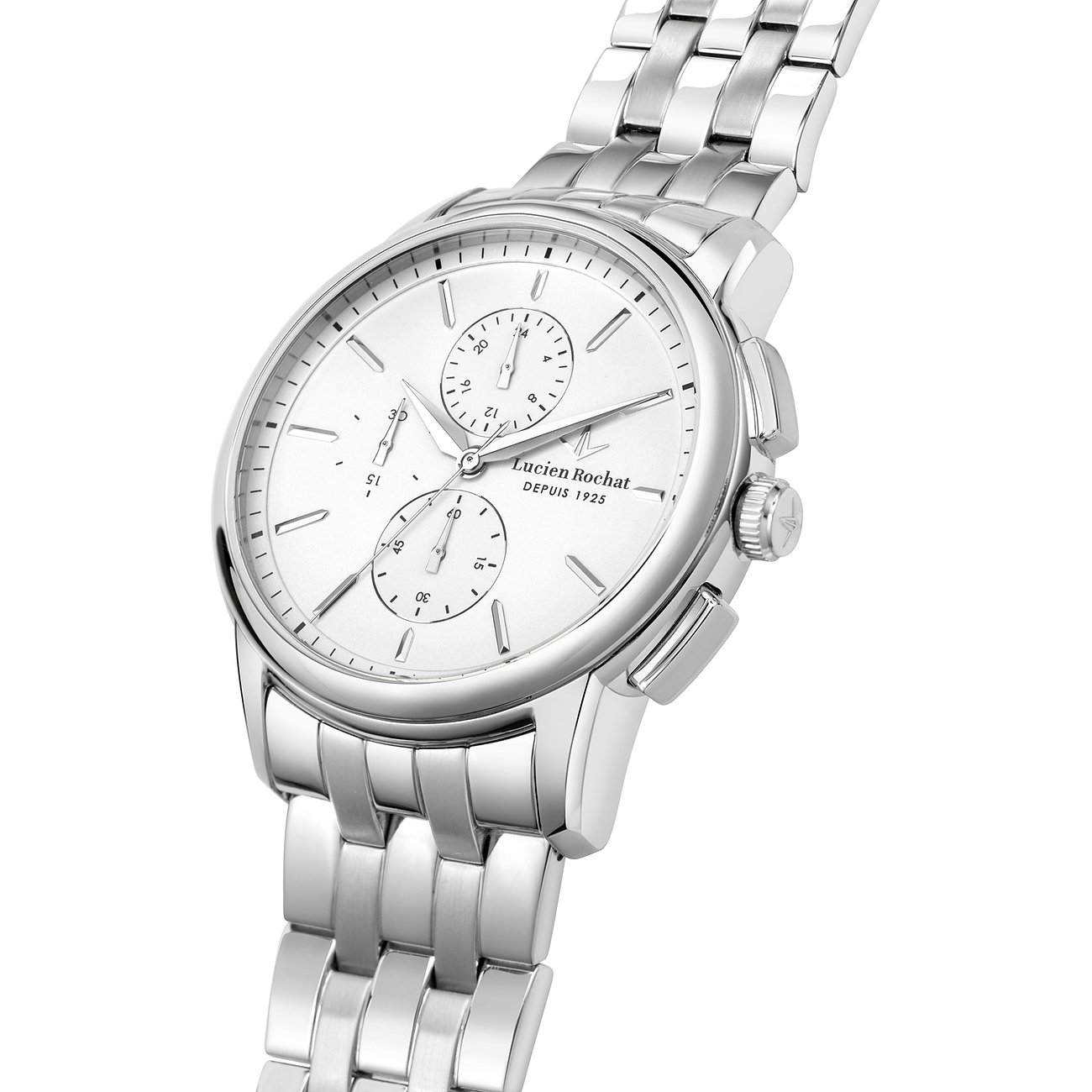 Lucien Rochat Herrenuhr mit Edelstahlgehäuse und silberfarbenem Zifferblatt.