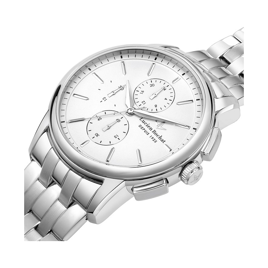 Lucien Rochat Herrenuhr mit Edelstahlgehäuse und weißem Zifferblatt.