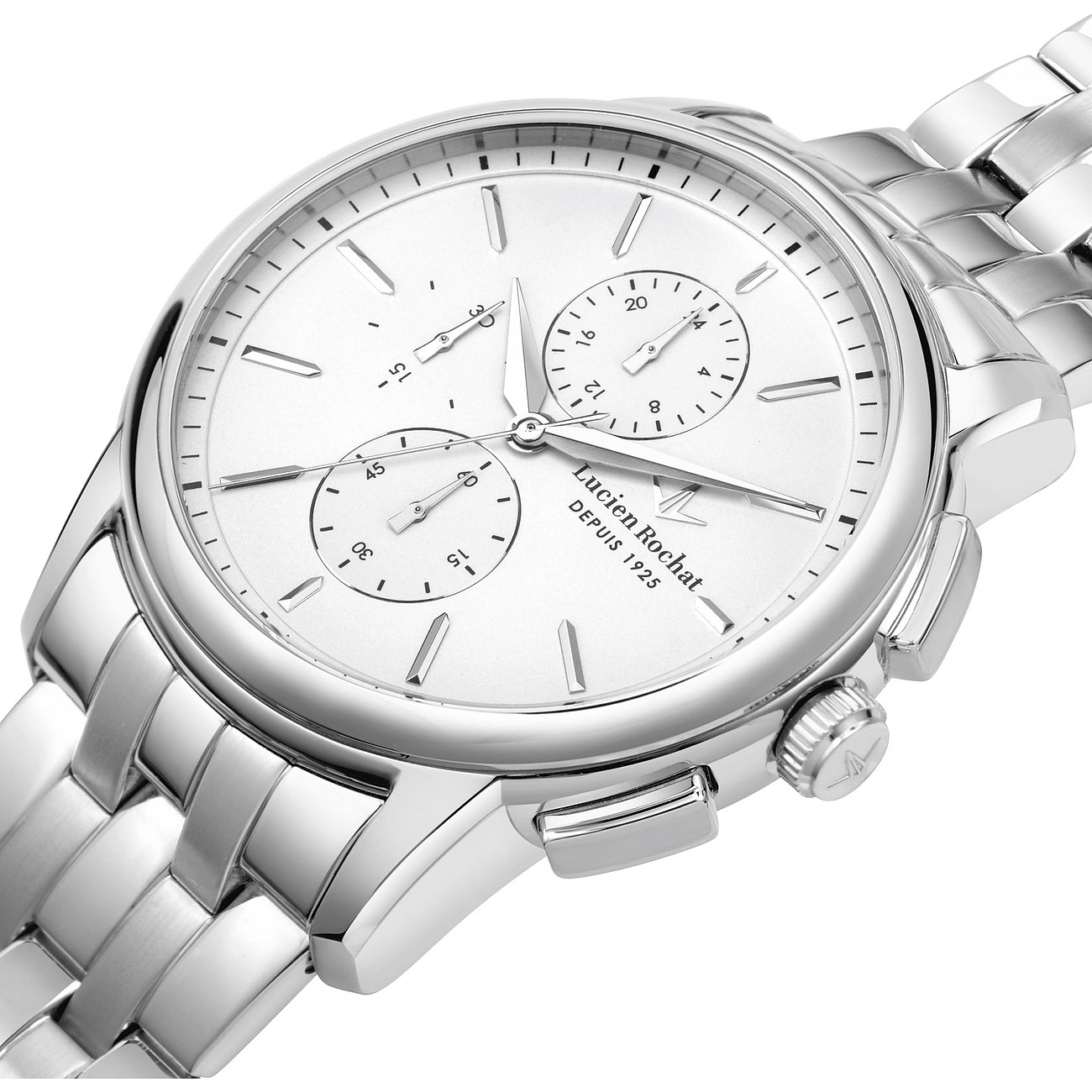 Lucien Rochat Herrenuhr mit Edelstahlgehäuse und weißem Zifferblatt.