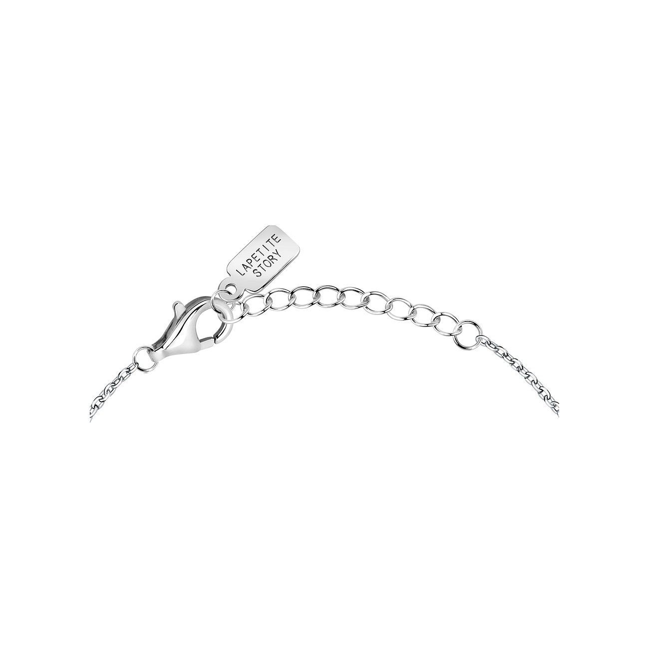 Der Verschluss und die Verlängerungskette des La Petite Story Armschmucks aus 925er Silber mit Zirkonia.