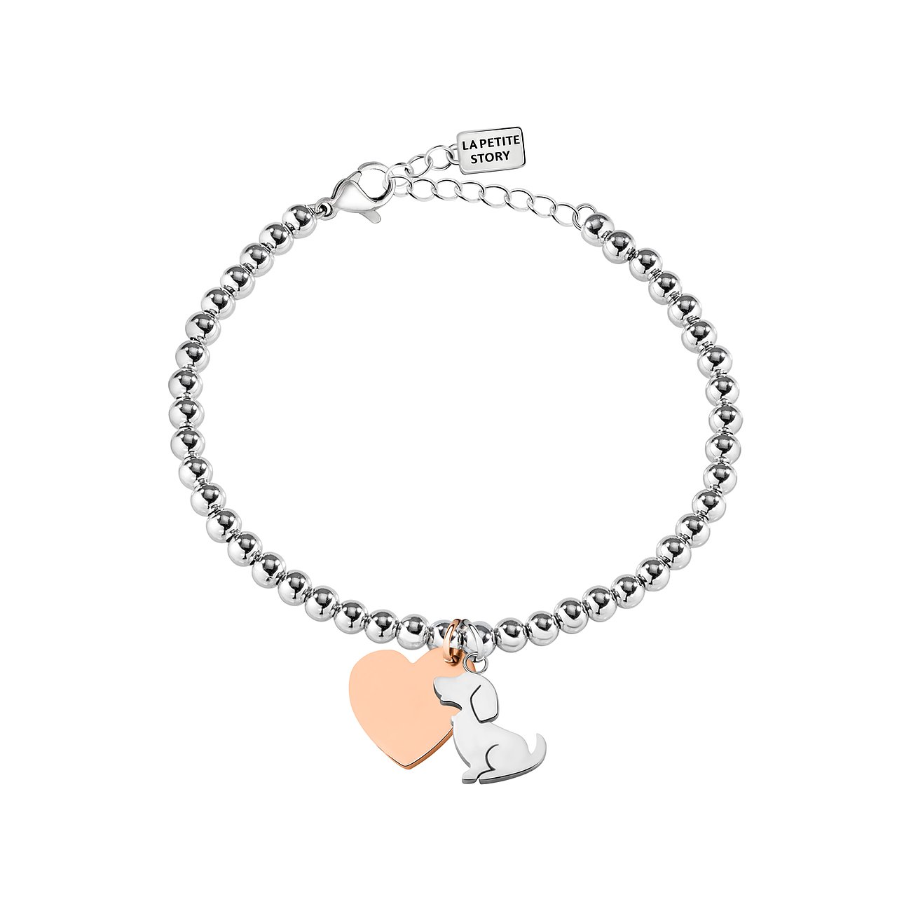 La Petite Story Armband aus Edelstahl mit Herz- und Hund-Anhänger.