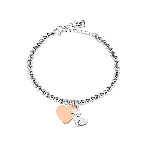 Bracelet La Petite Story en acier inoxydable avec breloques cœur et chien.