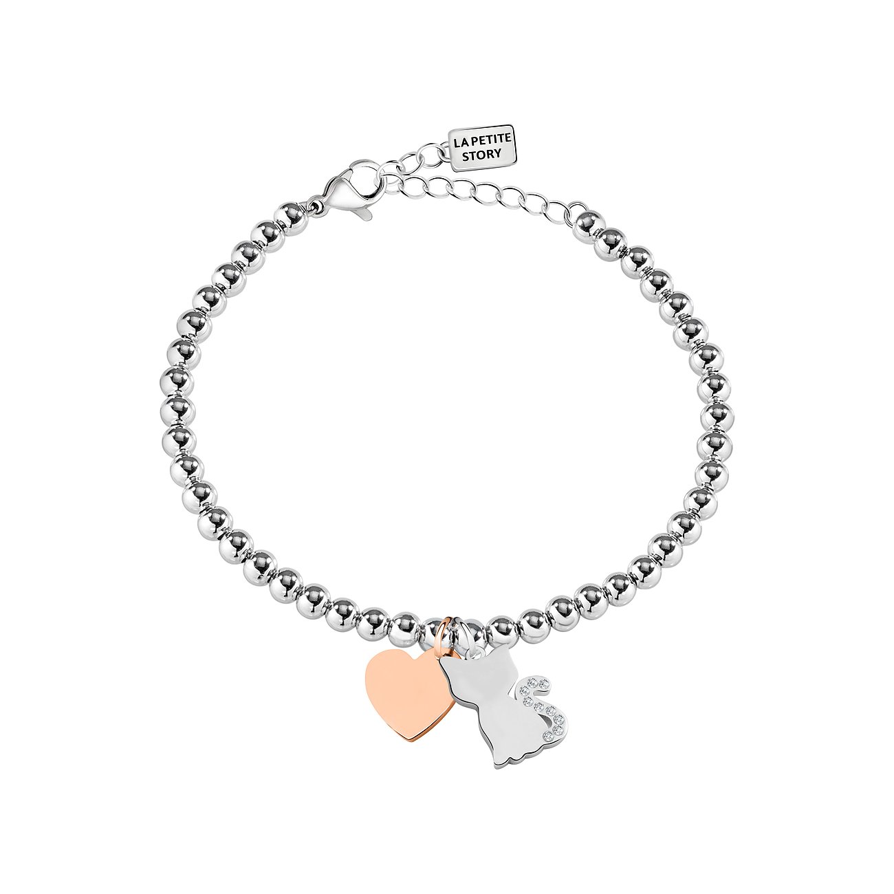 La Petite Story Armband aus Edelstahl mit Katzen- und Herzanhänger, besetzt mit Kristallen.