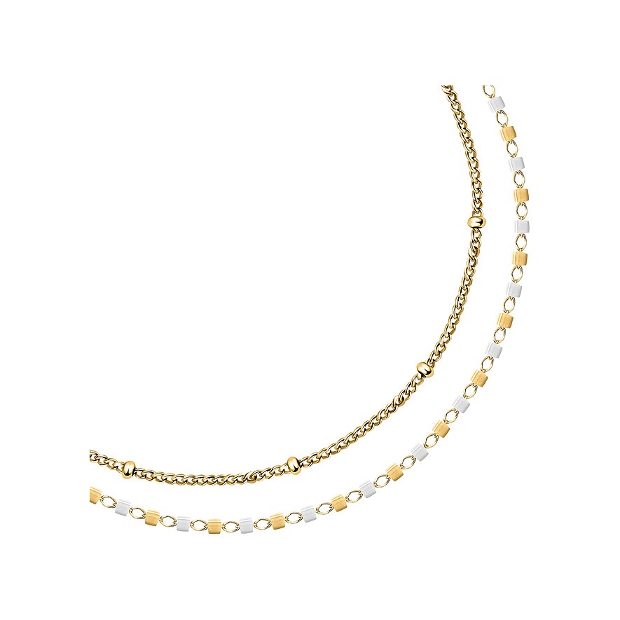 La Petite Story Armschmuck aus gelb- und silberfarben beschichtetem Edelstahl mit Kettengliedern und quadratischen Elementen.