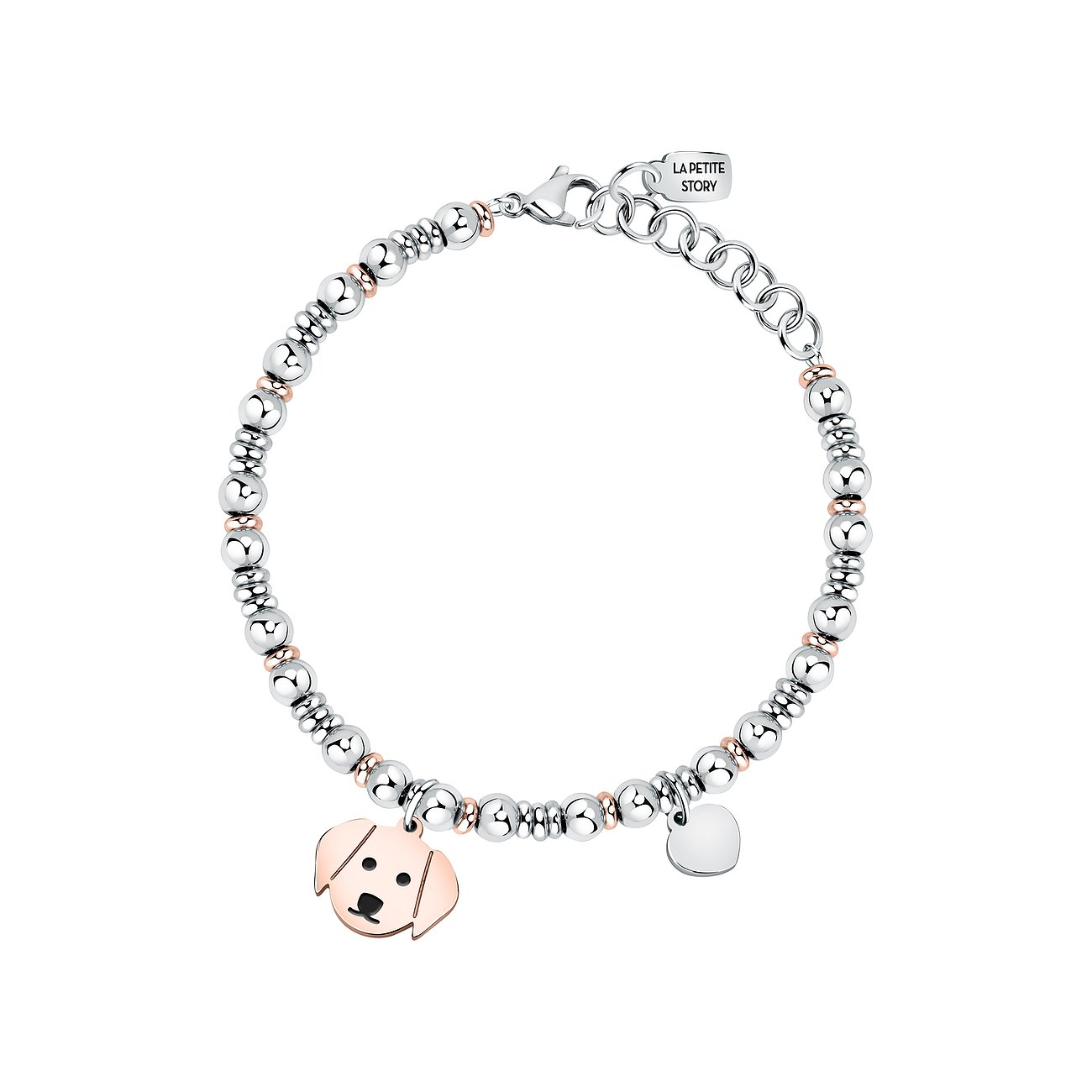 La Petite Story Armband aus Edelstahl mit Hundemotiv und roséfarbenen Elementen.