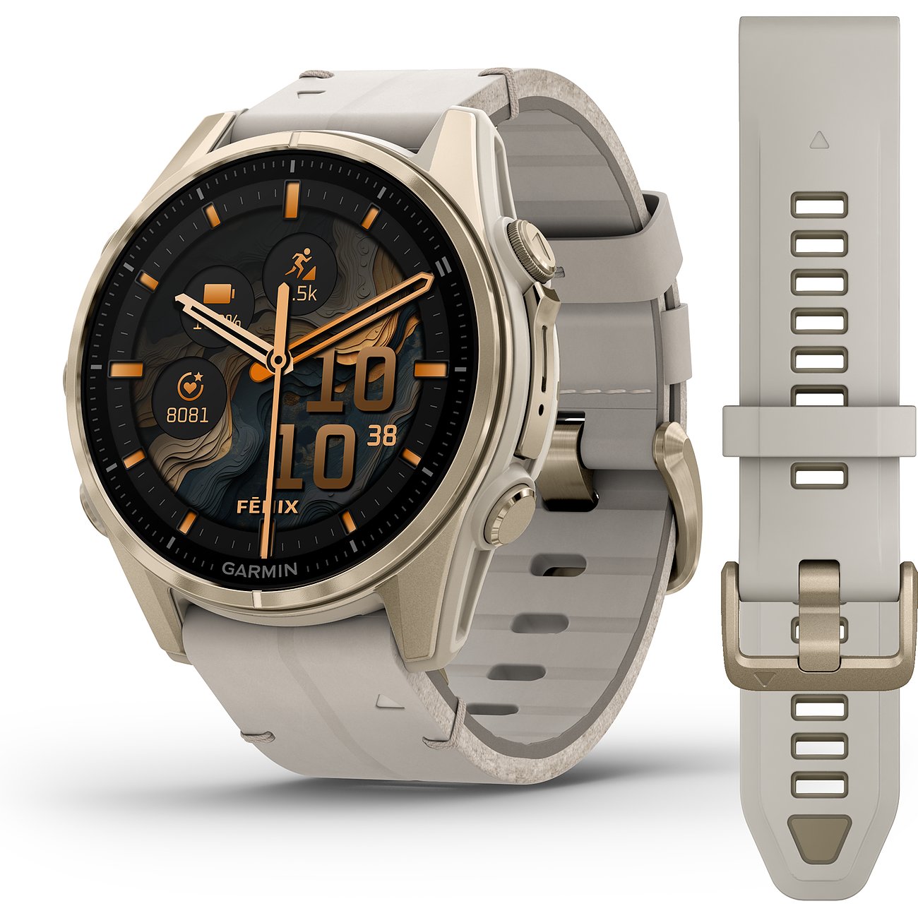 Garmin Smartwatch mit Titangehäuse, analoger Anzeige und beigem Kunststoffarmband.