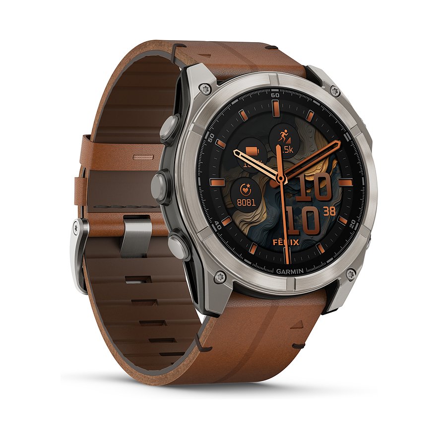 Garmin Smartwatch Fenix 8 - 51 mm AMOLED Sapphire Graphit Carbongrau Titan 010-02905-40, Herren, Titan, Kunststoff, Armband: Leder, Akku, digital