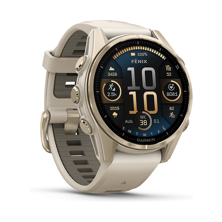 Garmin Smartwatch Fenix 8 - 43 mm AMOLED Sapphire Nebelgrau Softgold 010-02903-11, Damen, Titan, Kunststoff, Armband: Silikon, Akku, digital