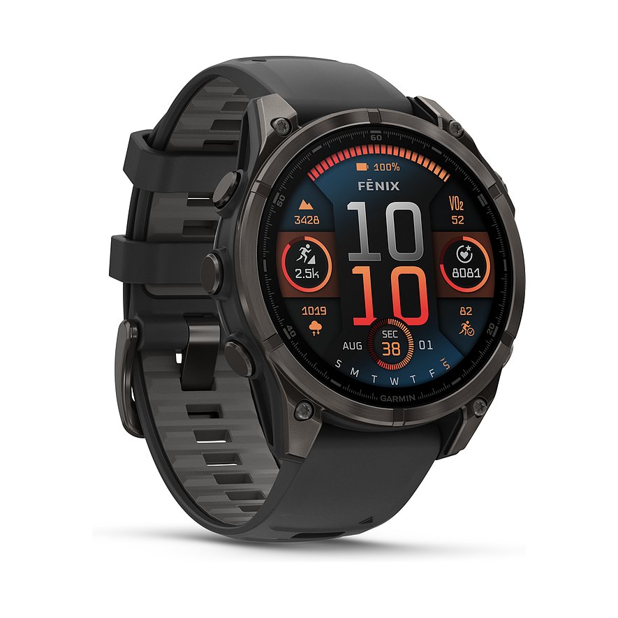 Garmin Smartwatch Fenix 8 - 47 mm AMOLED Sapphire Schwarz Carbongrau Titan DLC 010-02904-21, Unisex, Titan, Kunststoff, Armband: Silikon, Akku,