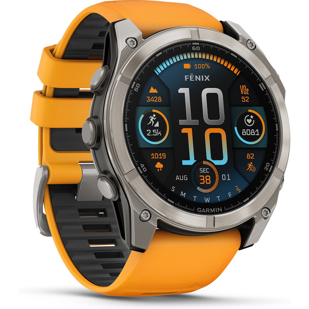Garmin Smartwatch mit Titangehäuse, digitaler Anzeige und orangenem Armband.