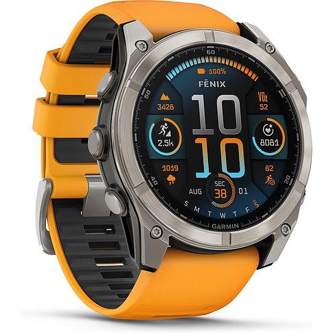 Garmin Smartwatch mit Titangehäuse, digitaler Anzeige und orangenem Armband.