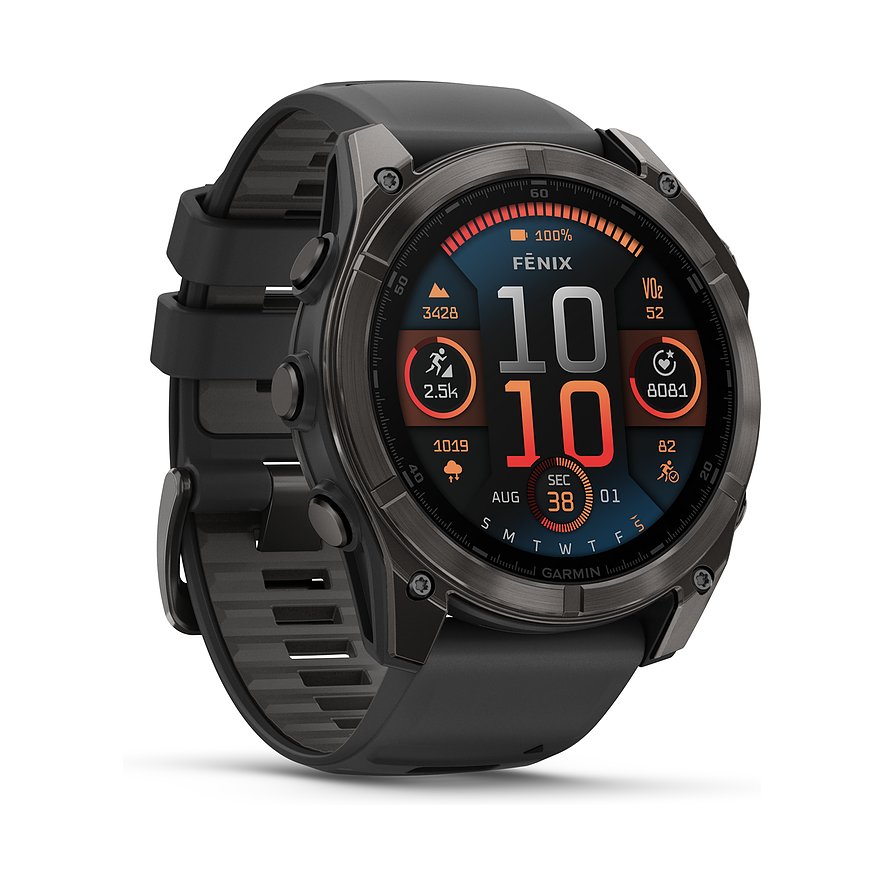 Garmin Smartwatch Fenix 8 - 51 mm AMOLED Sapphire Schwarz Carbongrau Titan DLC 010-02905-21, Herren, Titan, Kunststoff, Armband: Silikon, Akku,