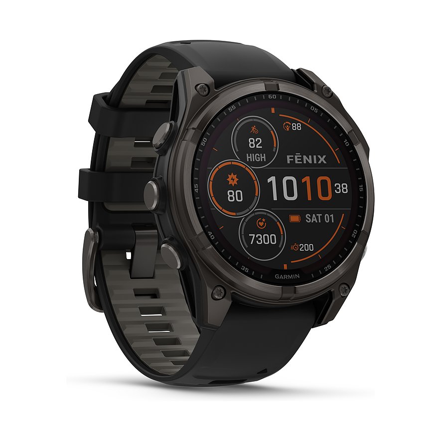 Garmin Smartwatch Fenix 8 - 47 mm Solar Sapphire Graphit Carbongrau Titan DLC 010-02906-11, Unisex, Titan, Kunststoff, Armband: Silikon, Akku,