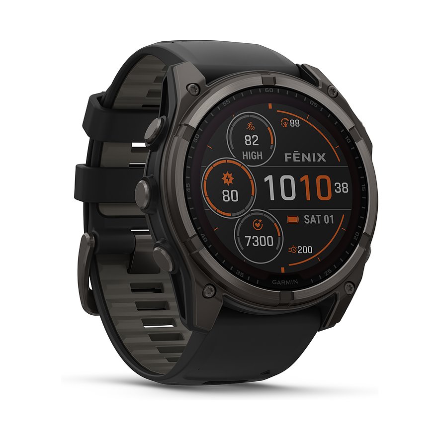 Garmin Smartwatch Fenix 8 - 51 mm Solar Sapphire Graphit Carbongrau Titan DLC 010-02907-11, Herren, Titan, Kunststoff, Armband: Silikon, Akku,