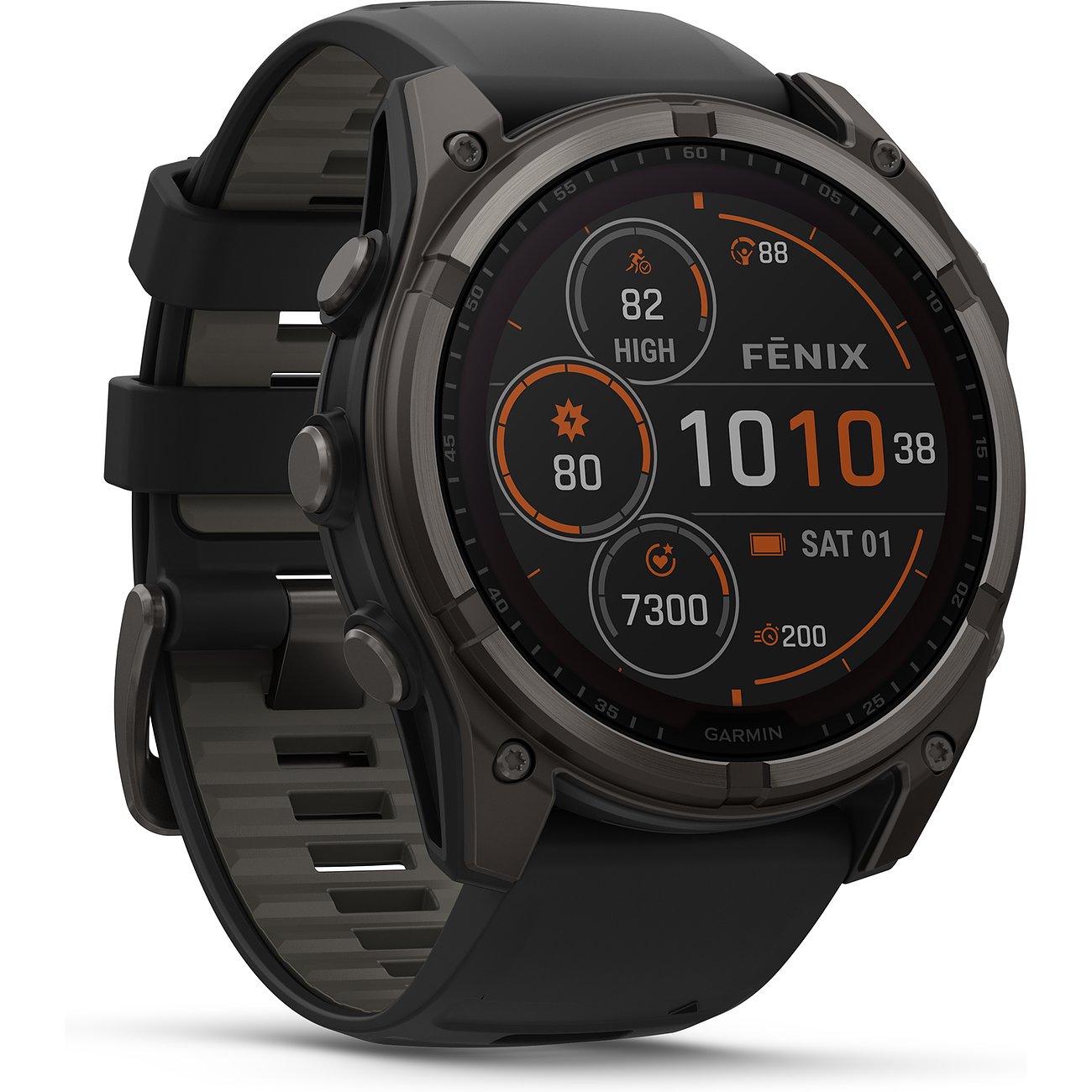 Garmin Fenix Smartwatch mit Titan-Gehäuse und Kunststoffarmband, analoge Anzeige.