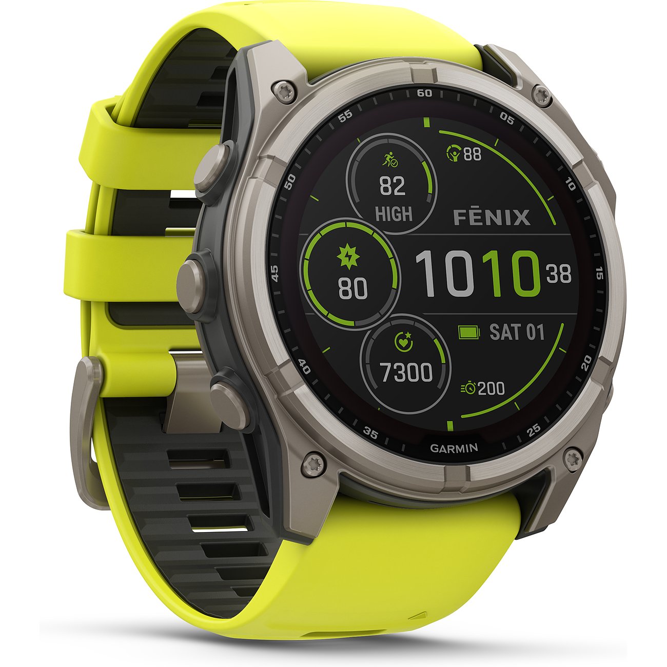 Garmin Smartwatch mit Titangehäuse und gelbem Armband, analoge Anzeige.