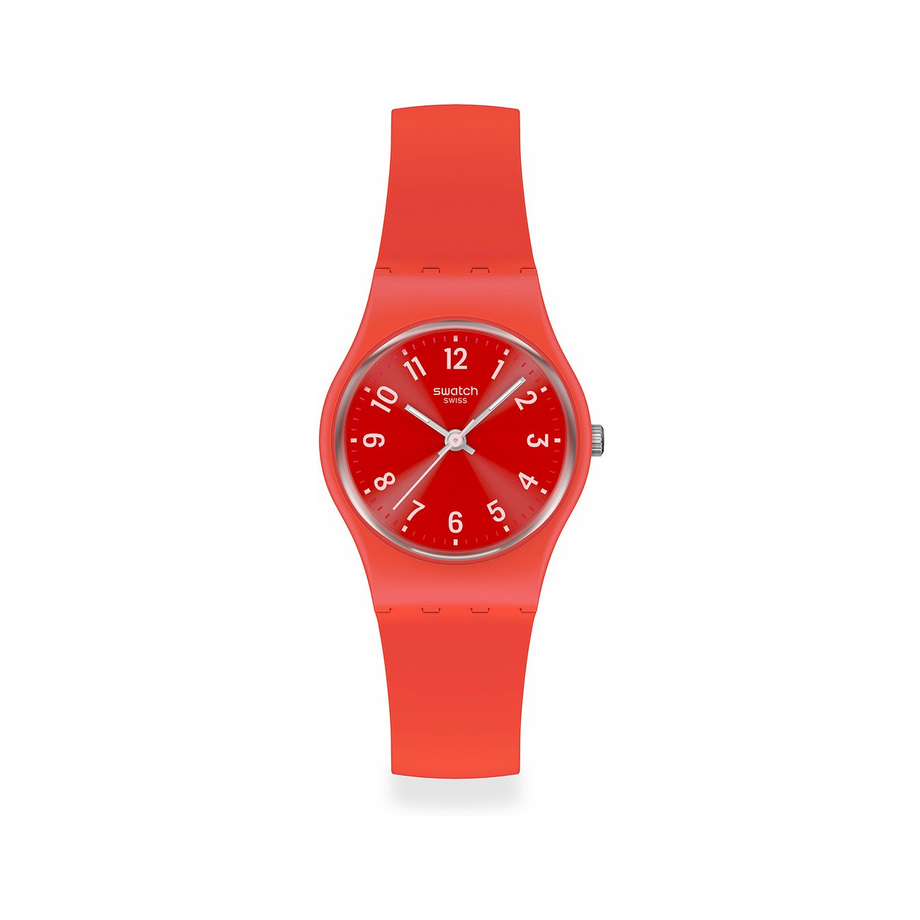Montre Swatch pour femme en plastique, rouge, analogique avec chiffres rouges.