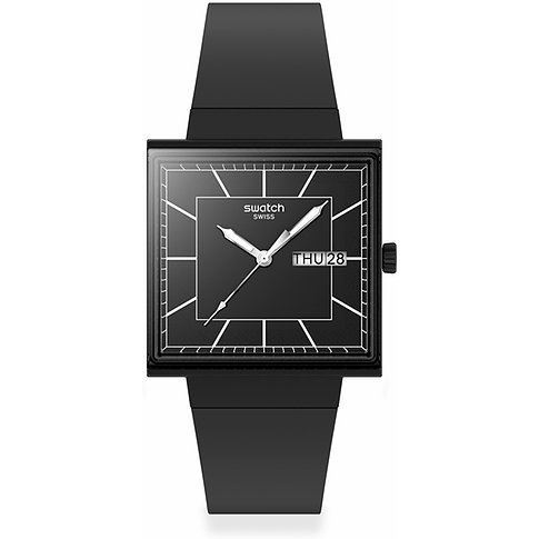 Swatch Unisexuhr mit Kunststoffgehäuse, schwarzes Zifferblatt, analoge Anzeige.