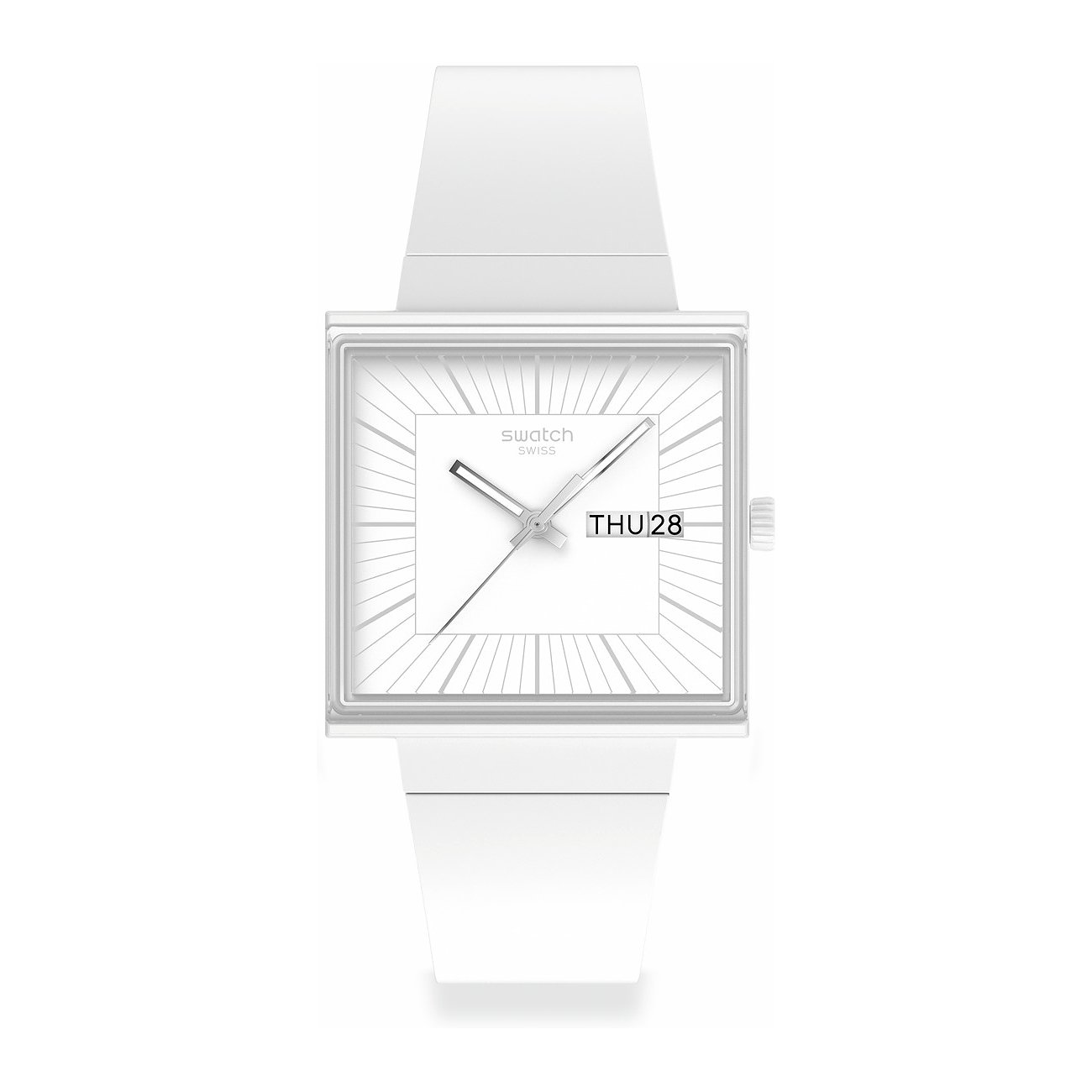 Swatch Unisexuhr mit Kunststoffgehäuse, weißem Zifferblatt und analoger Anzeige.