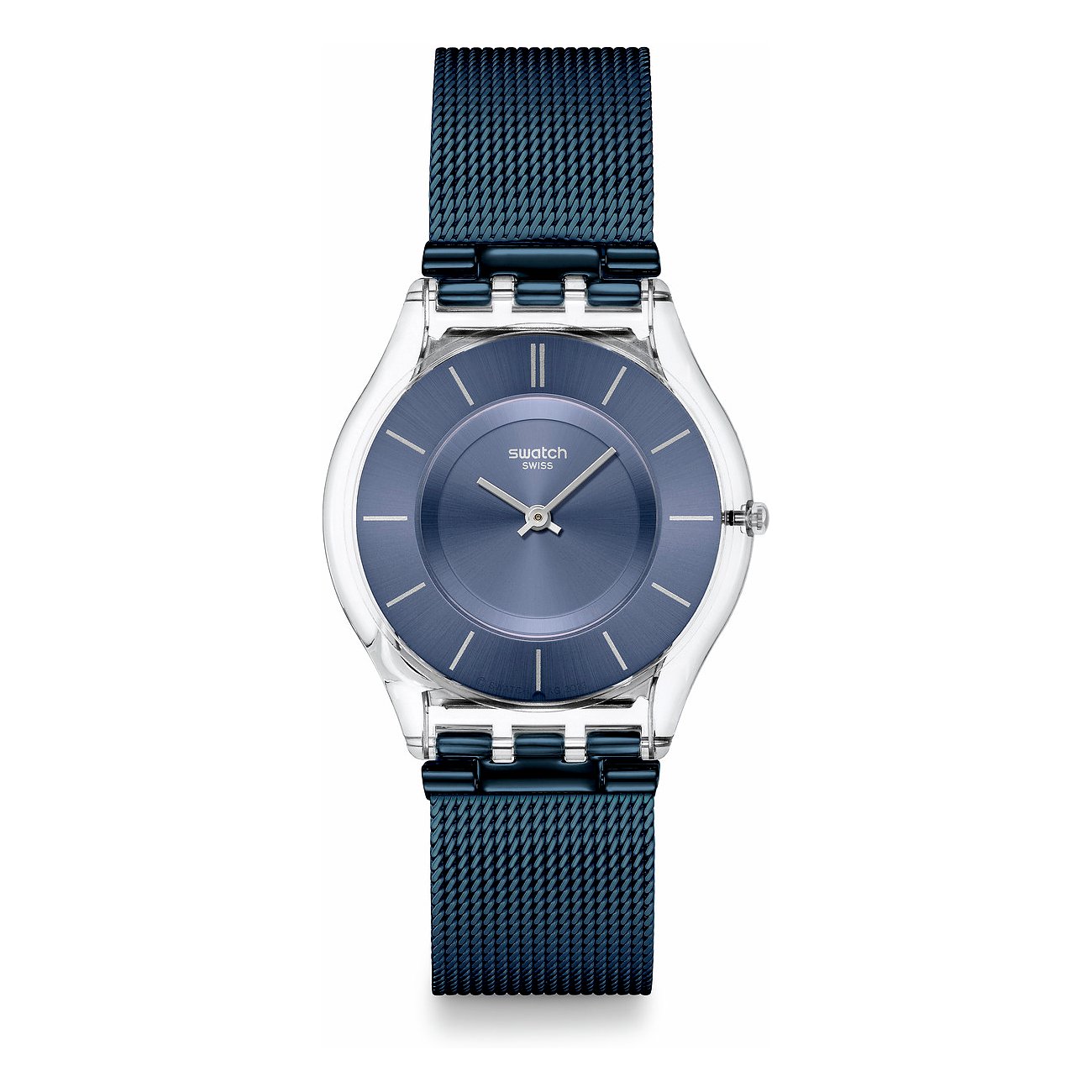 Orologio da donna Swatch con cassa in plastica, quadrante blu e cinturino in rete.
