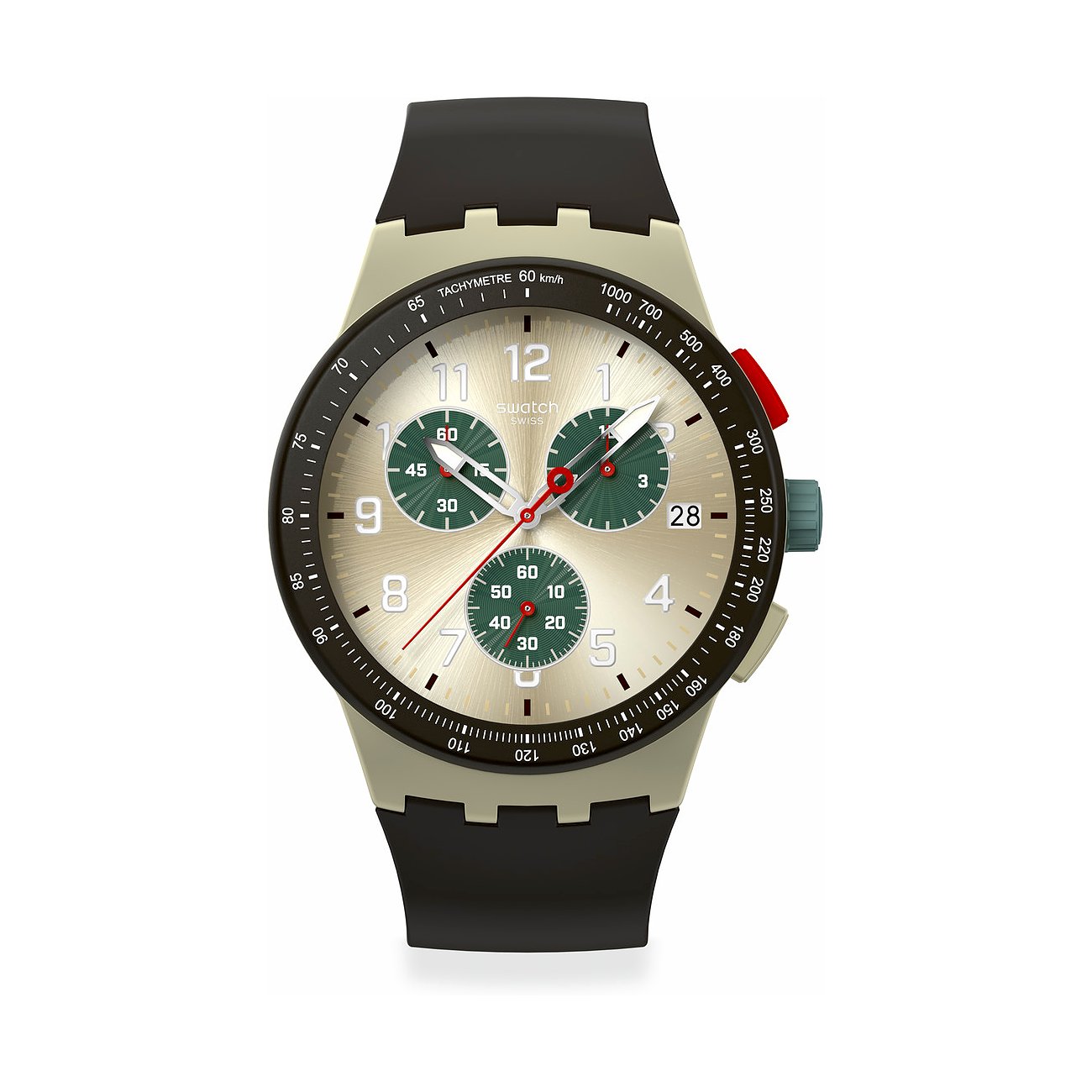 Swatch Unisex ur med plastkasse, analog, kronograf, beige urskive.